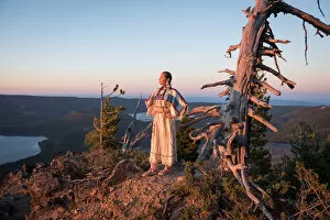 Images Dated 14th September 2016: Native woman, Acosia M. Red Elk, in historic buckskin dress on top of Paulina Peak