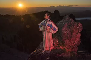 Images Dated 14th September 2016: Native woman, Acosia M. Red Elk, in historic buckskin dress on top of Paulina Peak