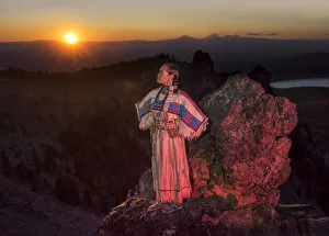 Images Dated 14th September 2016: Native woman, Acosia M. Red Elk, in historic buckskin dress on top of Paulina Peak