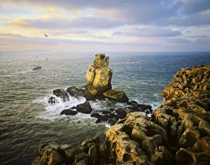 Peniche Prints: Nau dos Corvos and Carvoeiro cape, at sunset, with fishing boats going to work
