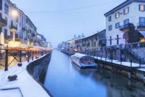 Channels Prints: Naviglio Grande after a snowfall during dusk. Milan, Lombardy, Northern Italy, Italy