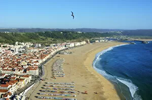 Nazare beach in front of the Atlantic Ocean. Portugal