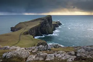 Sotland Prints: Neist Point Lighthouse on the clifftops of the most westernmost point on the Isle of Skye