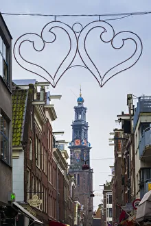 Netherlands, Amsterdam, Jordaan area, heart decoration and Westerkerk church Netherlands, Amsterdam, Jordaan area, heart decoration and Westerkerk church