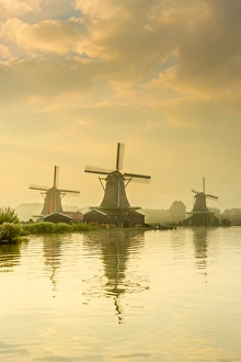 Netherlands, North Holland, Zaandam, Zaanse Schans, left to right The Seeker (De Zoeker) Oilmill