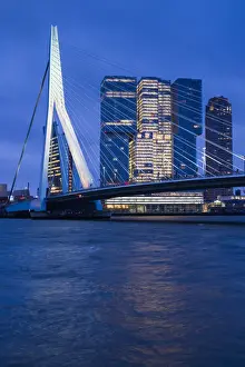 Netherlands, Rotterdam, Erasmusbrug bridge and new commerical towers at the renovated