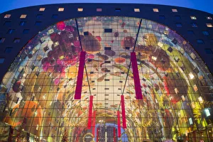 Rotterdam Prints: Netherlands, Rotterdam, Markthal foodhall, exterior, dusk