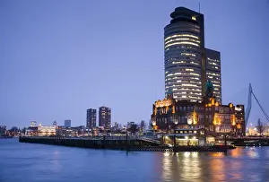 Commercial Prints: Netherlands, Rotterdam, new commerical towers of renovated port district, dusk