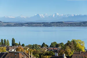 Neuchatel with Lac de Neuchatel and Bernese Alps, Neuchatel, Switzerland