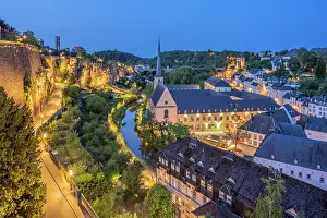 Luxembourg Prints: Neumunster Abbey with Alzette and Bock Kasematten at dusk, Luxembourg City