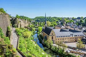 Luxembourg Prints: Neumunster abbey at Grund with Bock Kasematten, Luxembourg