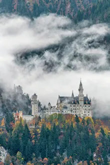 Schwangau Prints: Neuschwanstein Castle in Mist, Fussen, Bavaria, Germany