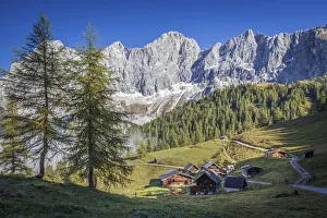 Neustattalm (1, 530 m) in front of the Dachstein south face, Styria, Austria