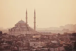 Warm Prints: The New Mosque (Turkish: Yeni Camii) in Istanbul at sunset. Turkey