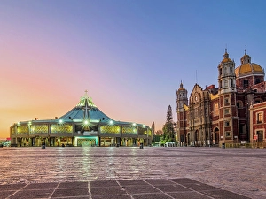 Atrium Prints: New and Old Basilicas of Guadalupe at dusk