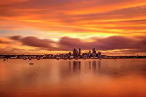 Auckland Prints: New Zealand, North Island, Auckland skyline at sunset