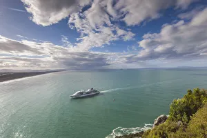 New Zealand, North Island, Mt. Manganui, elevated view of cruiseship and Tauranga Harbor New Zealand, North Island, Mt. Manganui, elevated view of cruiseship and Tauranga Harbor