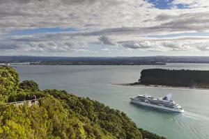 Images Dated 2nd August 2016: New Zealand, North Island, Mt. Manganui, elevated view of cruiseship and Tauranga Harbor