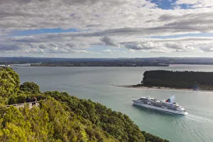 New Zealand, North Island, Mt. Manganui, elevated view of cruiseship and Tauranga Harbor
