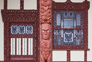 New Zealand, North Island, Rotorua, Ohinemutu, Maori village, sculptures on Marae