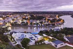 New Zealand, North Island, Wanganui, city skyline from Durie Hill, dusk