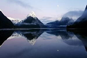 Serene Landscapes Gallery: New Zealand, Nuova Zelanda, Fiordland, Milford Sound and moon during a cold and misty