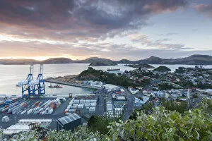 Containers Collection: New Zealand, South Island, Otago, Port Chalmers, elevated port view, dawn