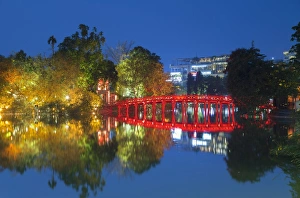 Ngoc Son Temple on Hoan Kiem Lake at dusk, Hanoi, Vietnam