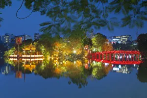 Ngoc Son Temple on Hoan Kiem Lake at dusk, Hanoi, Vietnam