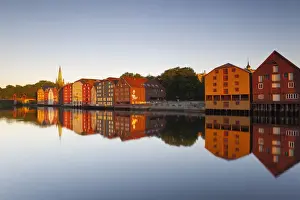 Old Bridge Prints: Nidaros Cathedral & Gamle Bybro illuminated at sunrise, Trondheim, Sor-Trondelag, Norway