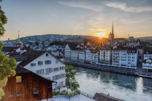 Limmat Prints: Niederdorf Quarter and Limmat River at sunrise, Zurich, Switzerland