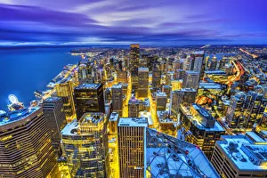 Space Needle Prints: Night aerial view of downtowns skyline, Seattle, Washington, USA