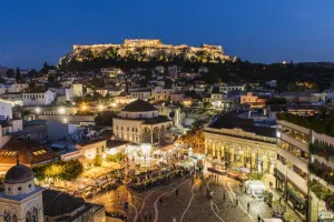 Monastiraki Prints: Night city skyline with Monastiraki square and Acropolis in the background, Athens