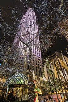Night low angle view of trees wrapped with Christmas lights and Rockefeller Center