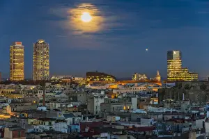 Catalan Prints: Night panoramic view over Born neighborhood with Hotel Arts and Mapfre skyscrapers behind