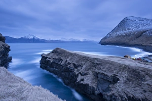 April Prints: Night time descends over Gjogv on the island of Eysturoy, Faroe Islands, Denmark, Europe