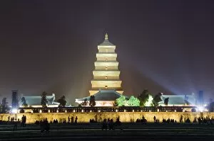 A night time water show at the Big Goose Pagoda Park