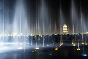 A night time watershow at the Big Goose Pagoda Park