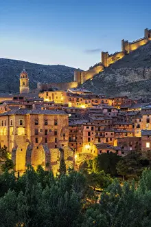 Aragon Prints: Night view of Albarracin with its ancient walls, Aragon, Spain