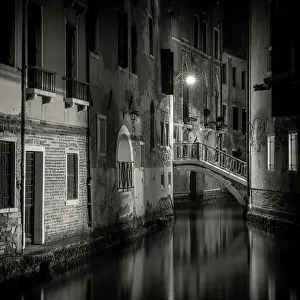 Night View Prints: Night view of a side canal and bridge, Venice, Italy, Europe
