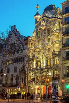 Tourist Collection: Night view of Casa Batllo by Antoni Gaudi, Barcelona, Catalonia, Spain