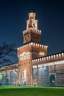 Castello Prints: Night view of Castello Sforzesco (Sforza's Castle), Milan, Lombardy, Italy