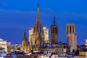 Night view of Cathedral of Santa Eulalia, Barcelona, Catalonia, Spain