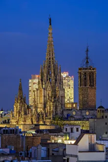 Barrio Gotico Prints: Night view of Cathedral of Santa Eulalia, Barcelona, Catalonia, Spain