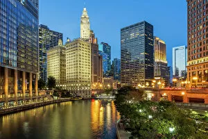 Trending: Night view of downtown skyline and Chicago River, Chicago, Illinois, USA