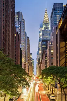 Night view of East 42nd street with Chrysler Building, Manhattan, New York, USA