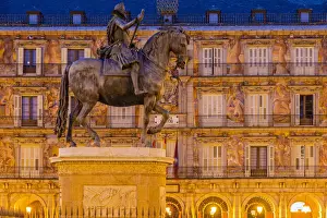 Central Square Prints: Night view of the equestrian statue of Philip III or Felipe III, Plaza Mayor, Madrid