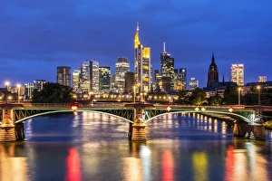 Night view of the financial district skyline, Frankfurt, Hesse, Germany