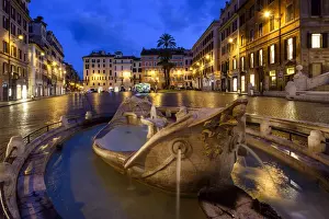 Baroque Style Prints: Night view of Fontana della Barcaccia at the foot of Spanish Steps, Rome, Lazio, Italy
