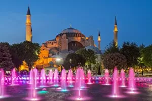 Mosque Collection: Night view of fountain light show with Hagia Sophia behind, Sultanahmet, Istanbul, Turkey